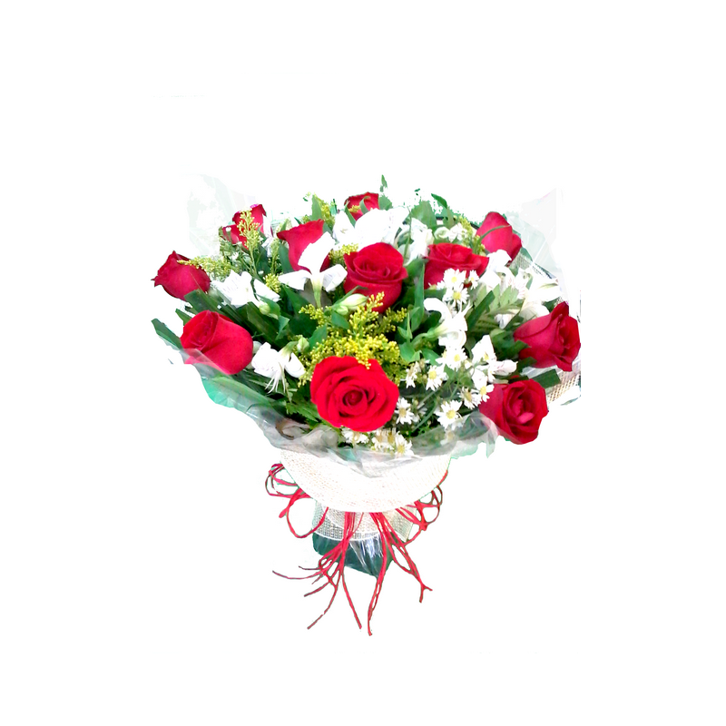 Buquê c/ 12 rosas vermelhas e astromélias